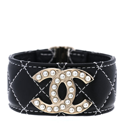 Chanel Lambskin Quilted Pearl CC Cuff Bracelet Black Gold 1 of 5