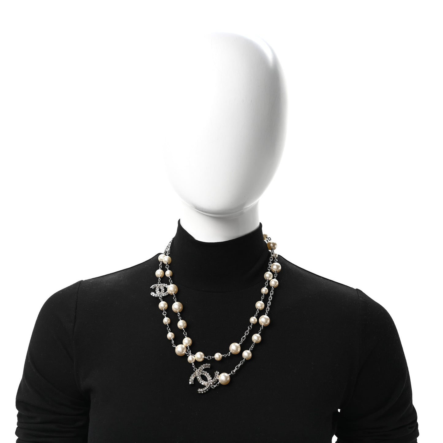 Graduated Pearl Crystal CC Long Necklace Silver