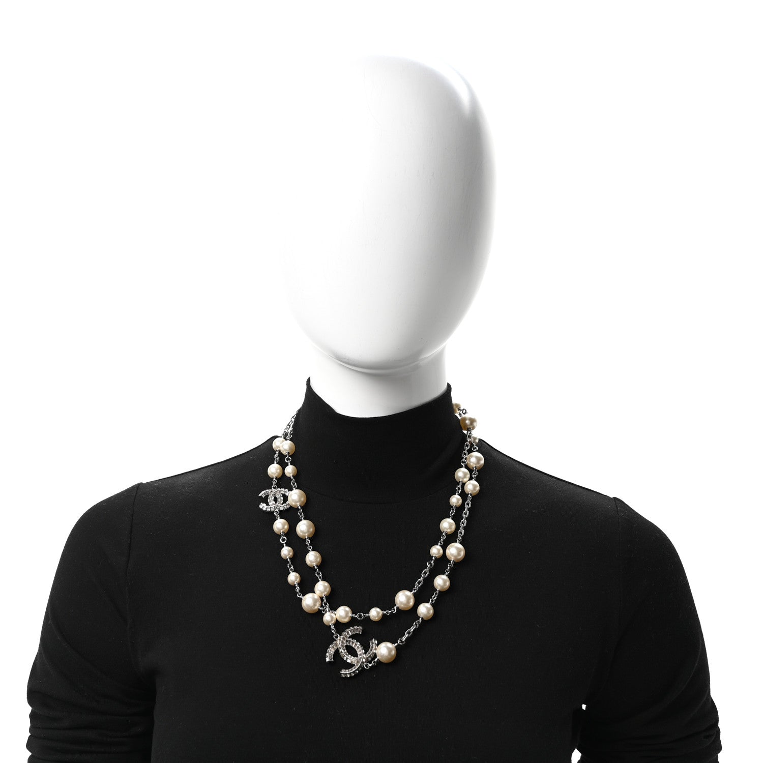 Chanel Graduated Pearl Crystal CC Long Necklace Silver 2 of 5