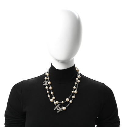 Chanel Graduated Pearl Crystal CC Long Necklace Silver 2 of 5