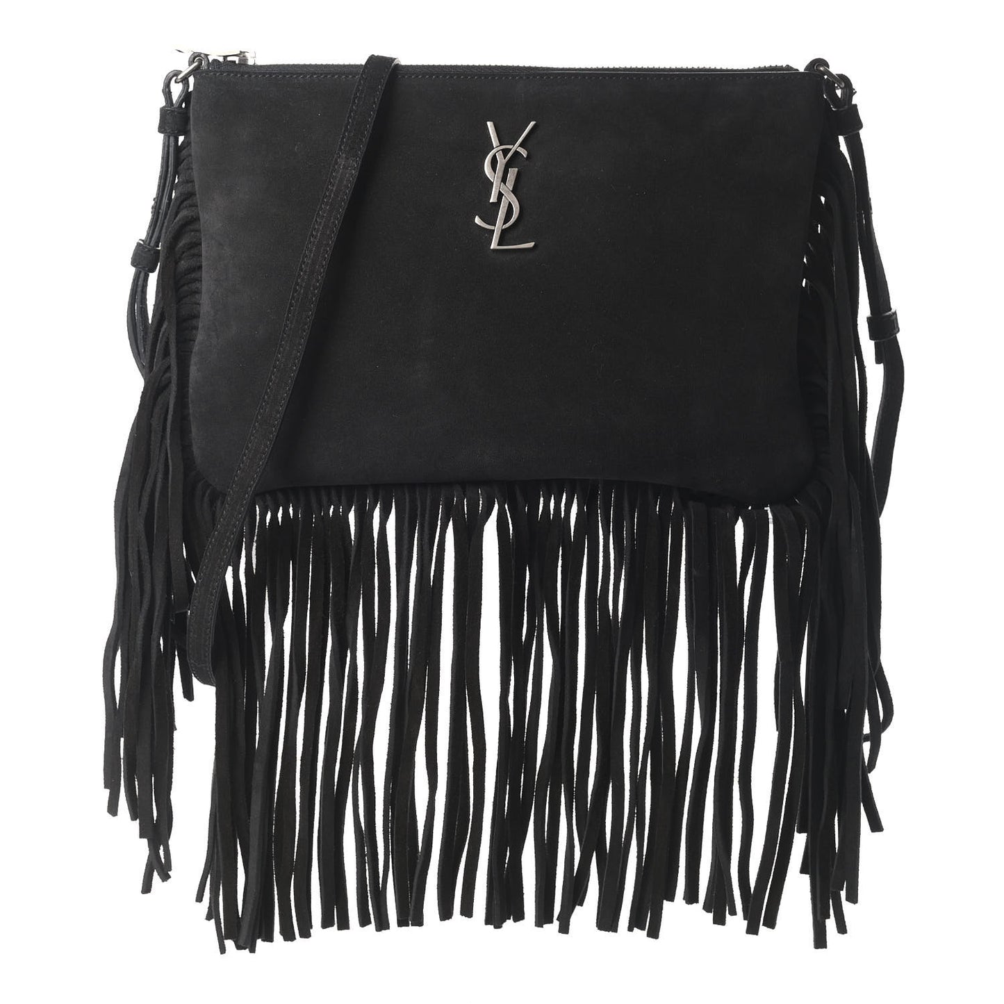 Suede Calfskin Small Fringe Crossbody Bag Black