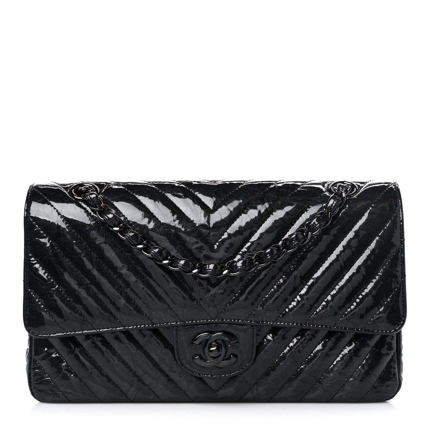 Metallic Patent Crumpled Calfskin Chevron Quilted Medium Double Flap So Black