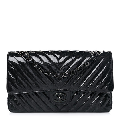 Chanel Metallic Patent Crumpled Calfskin Chevron Quilted Medium Double Flap So Black 1 of 14