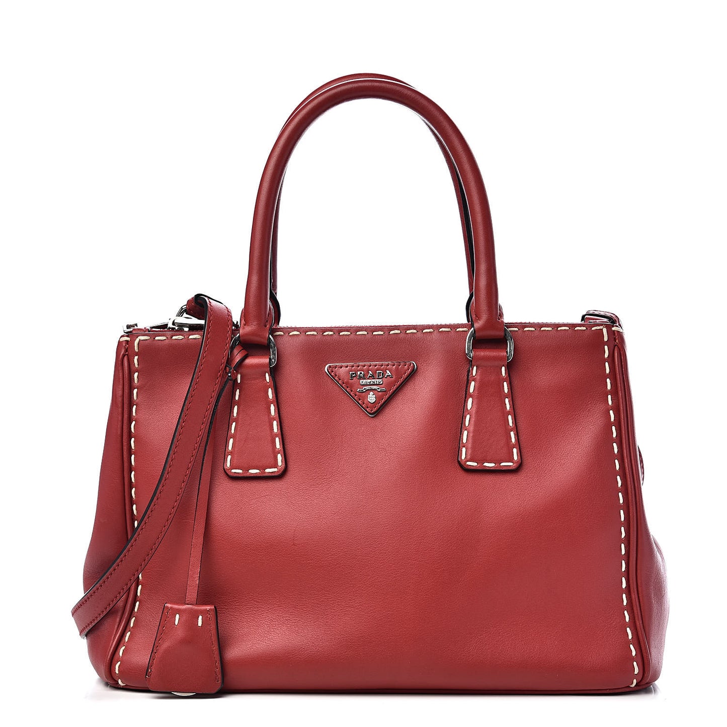 City Calf Small Hand Stitched Galleria Double Zip Tote Fuoco White