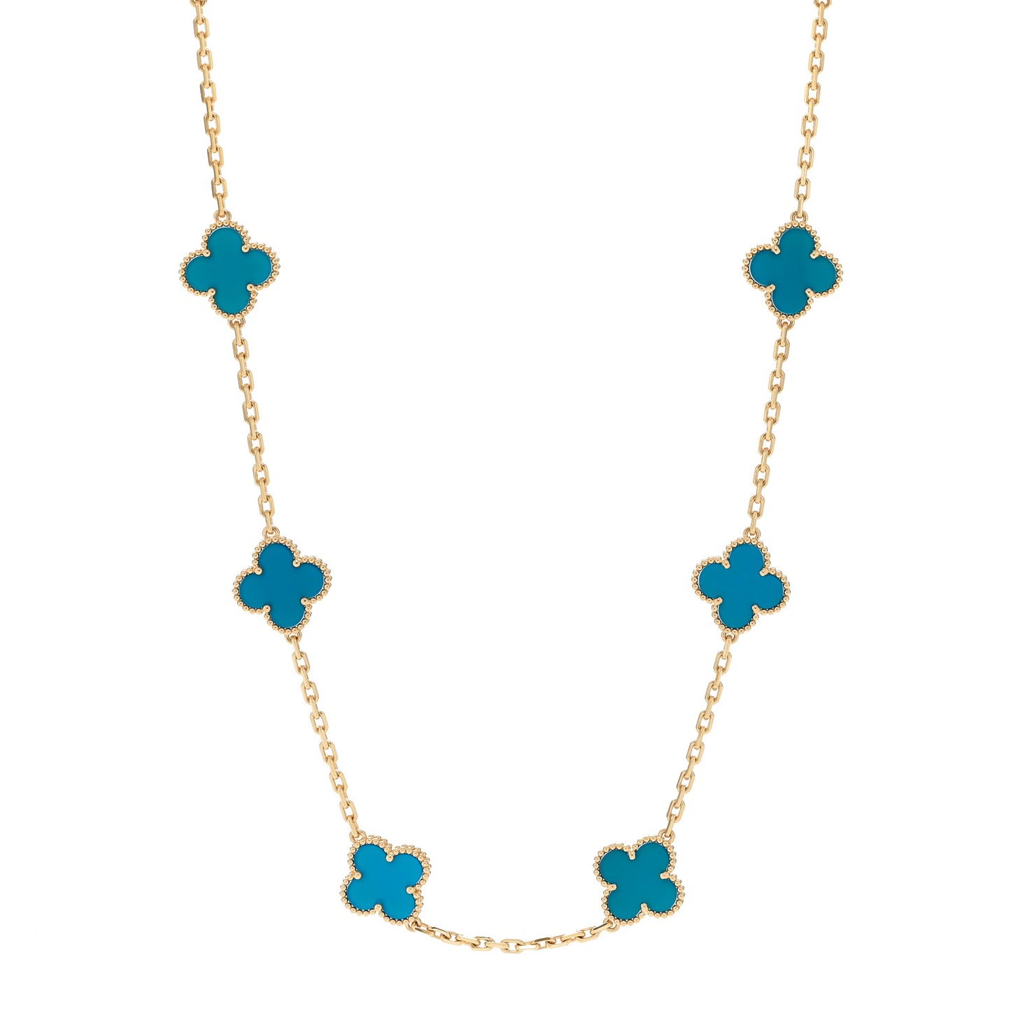 18K Yellow Gold Blue Agate 10 Motifs Vintage Alhambra Necklace