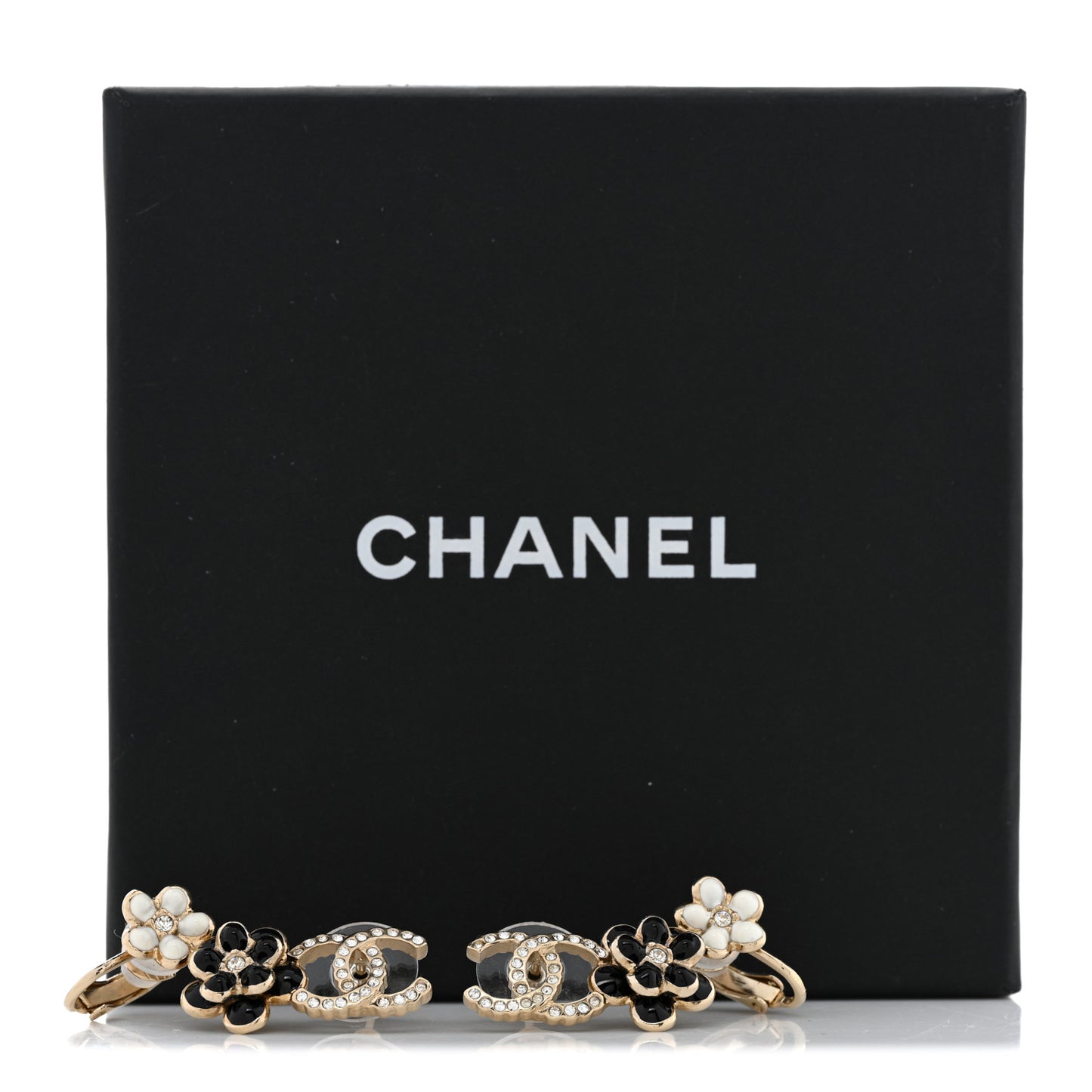 Crystal Enamel Flower CC Earrings Gold White Black
