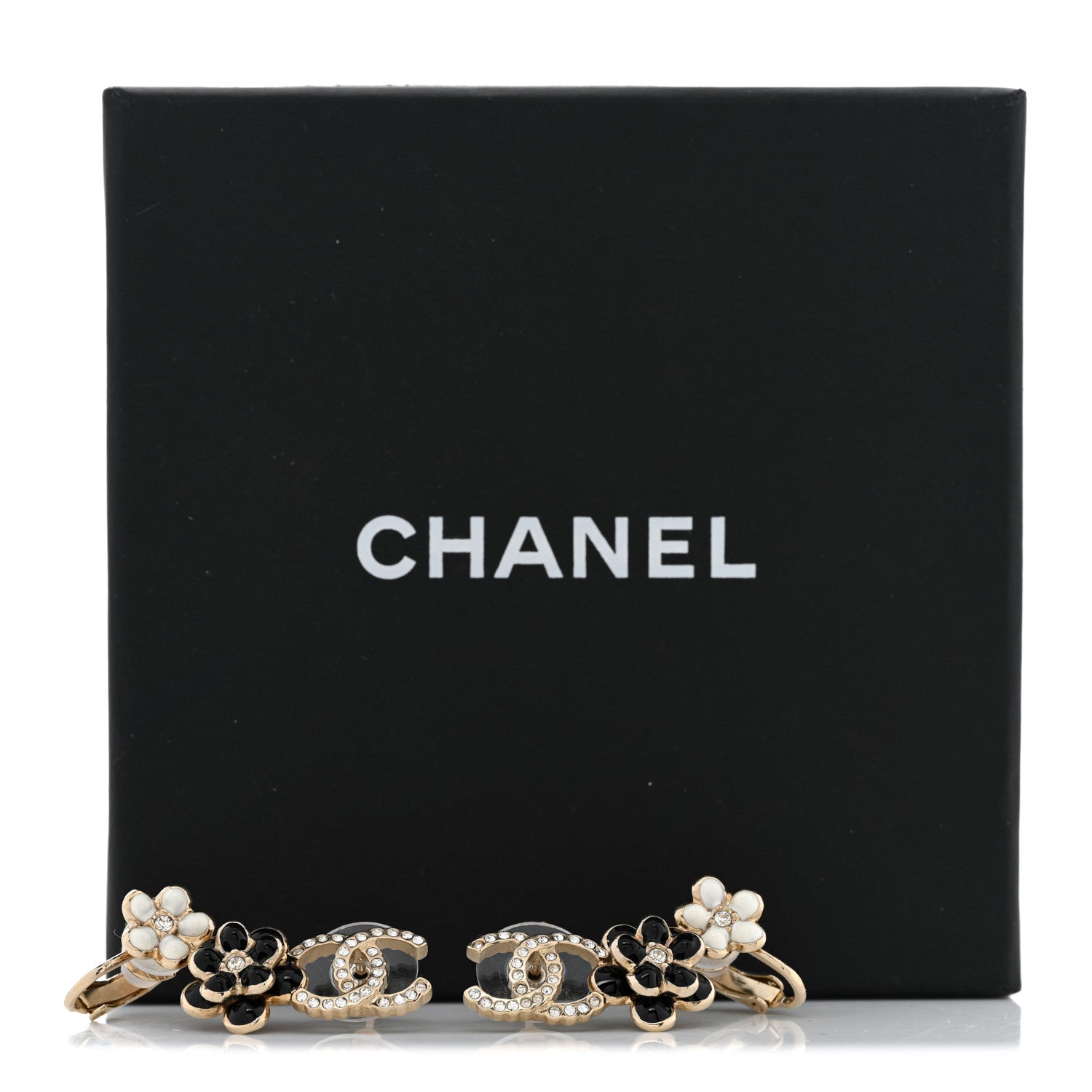 Chanel Crystal Enamel Flower CC Earrings Gold White Black 6 of 6
