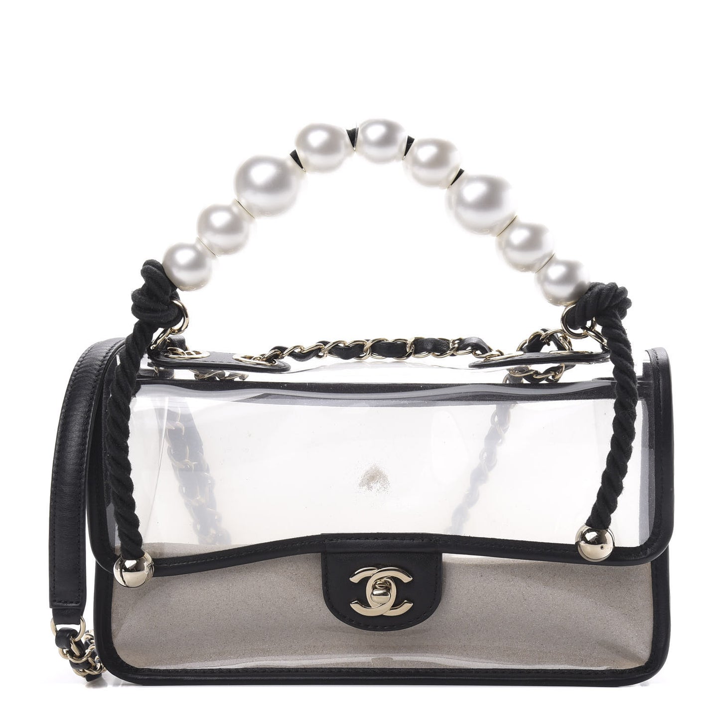 Lambskin PVC Sand By The Sea Flap With Pearl Strap Black