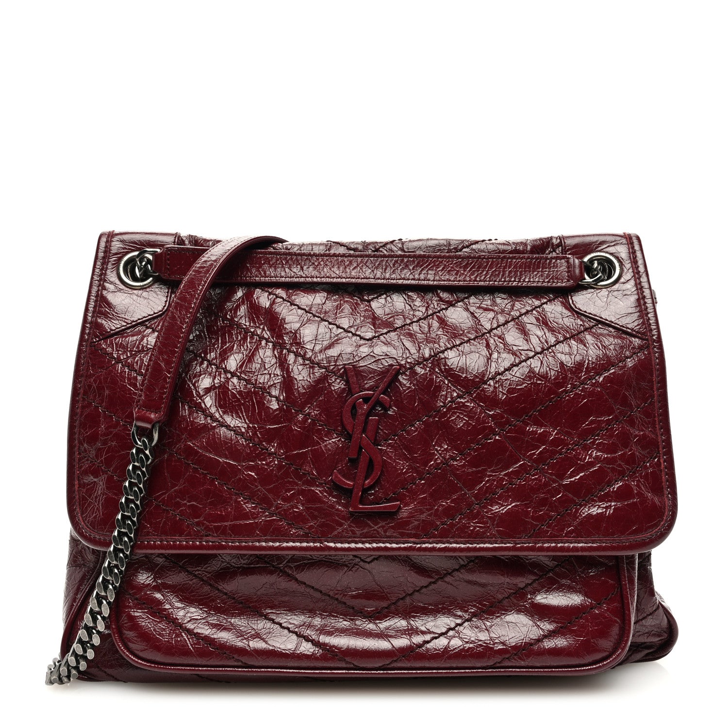 Saint Laurent Crinkled Calfskin Matelasse Monogram Large Niki Chain Satchel Rouge Legion 1 of 9