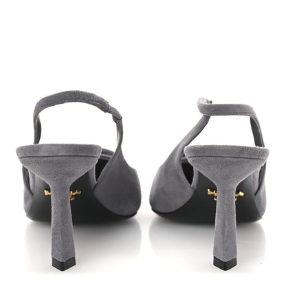 Prada Suede Triangle Logo Pointed Toe 75mm Slingback Pumps 37 Grey 6 of 11
