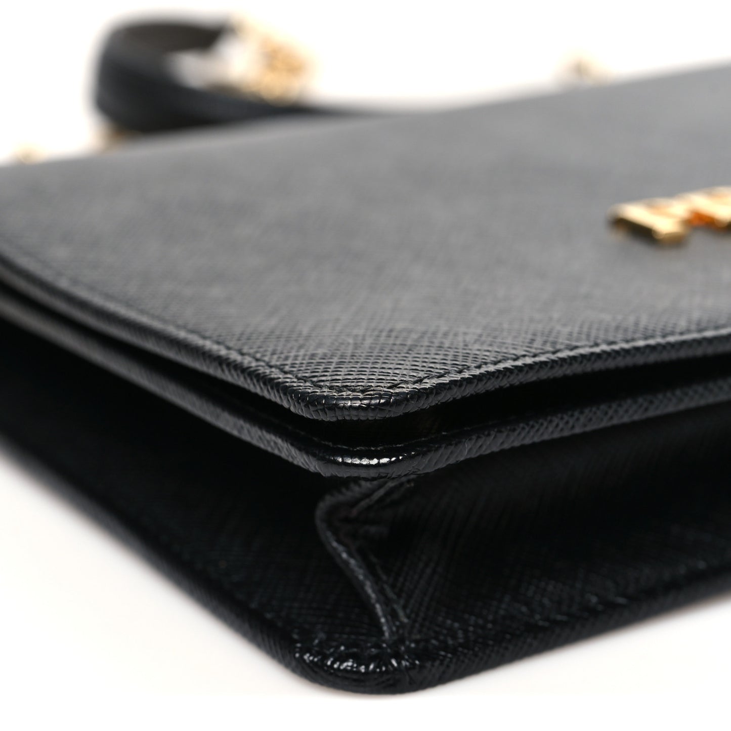 Saffiano Lux Metal Logo Mini Chain Flap Crossbody Bag Black