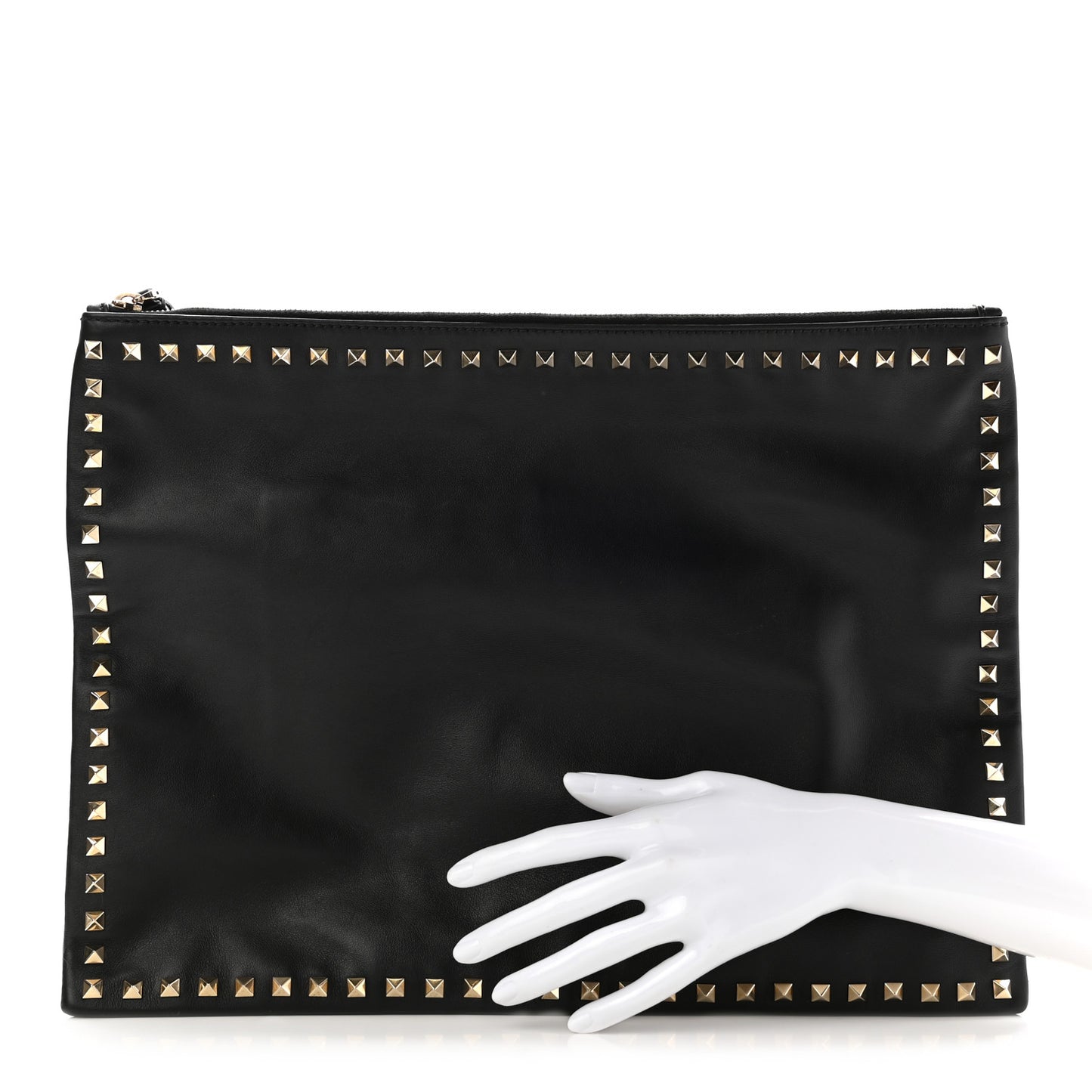 Vitello Oversized Rockstud Zip Wristlet Pouch Black