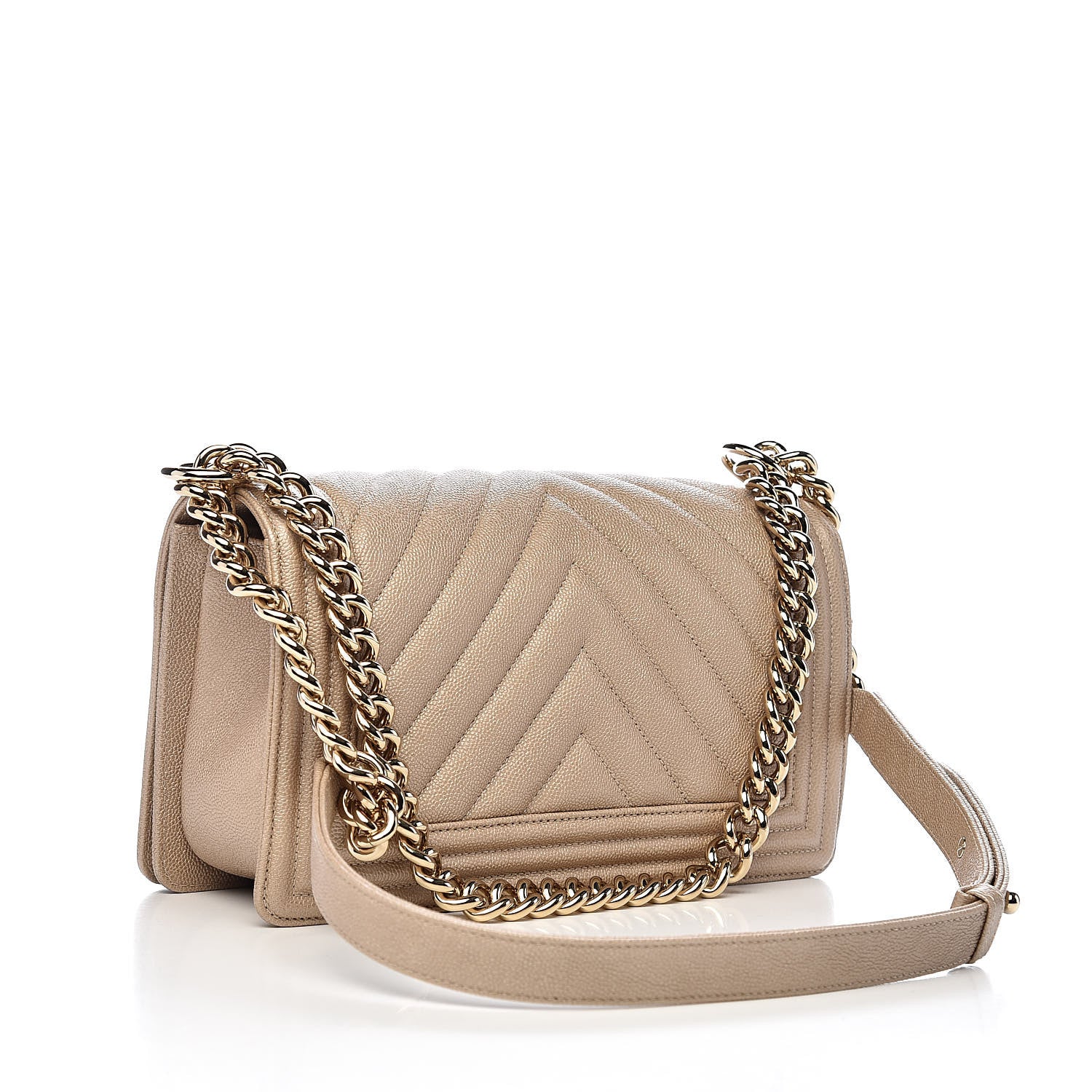 Chanel Metallic Caviar Chevron Quilted Medium Boy Flap Light Beige 3 of 11