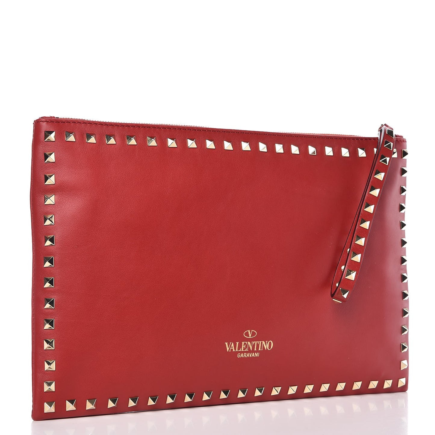 Vitello Large Rockstud Zip Wristlet Pouch Rosso Valentino