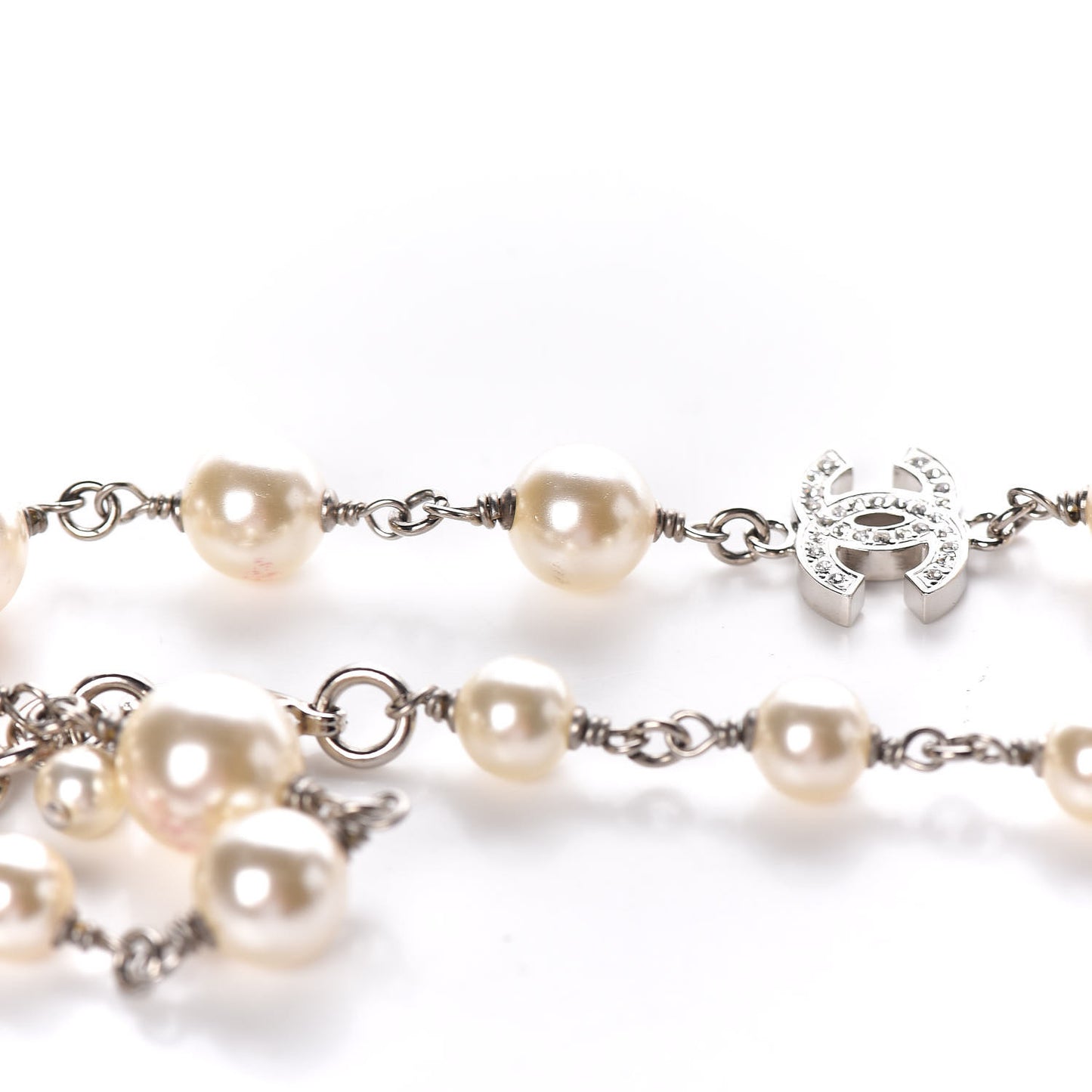 Crystal Pearl CC Long Necklace Silver