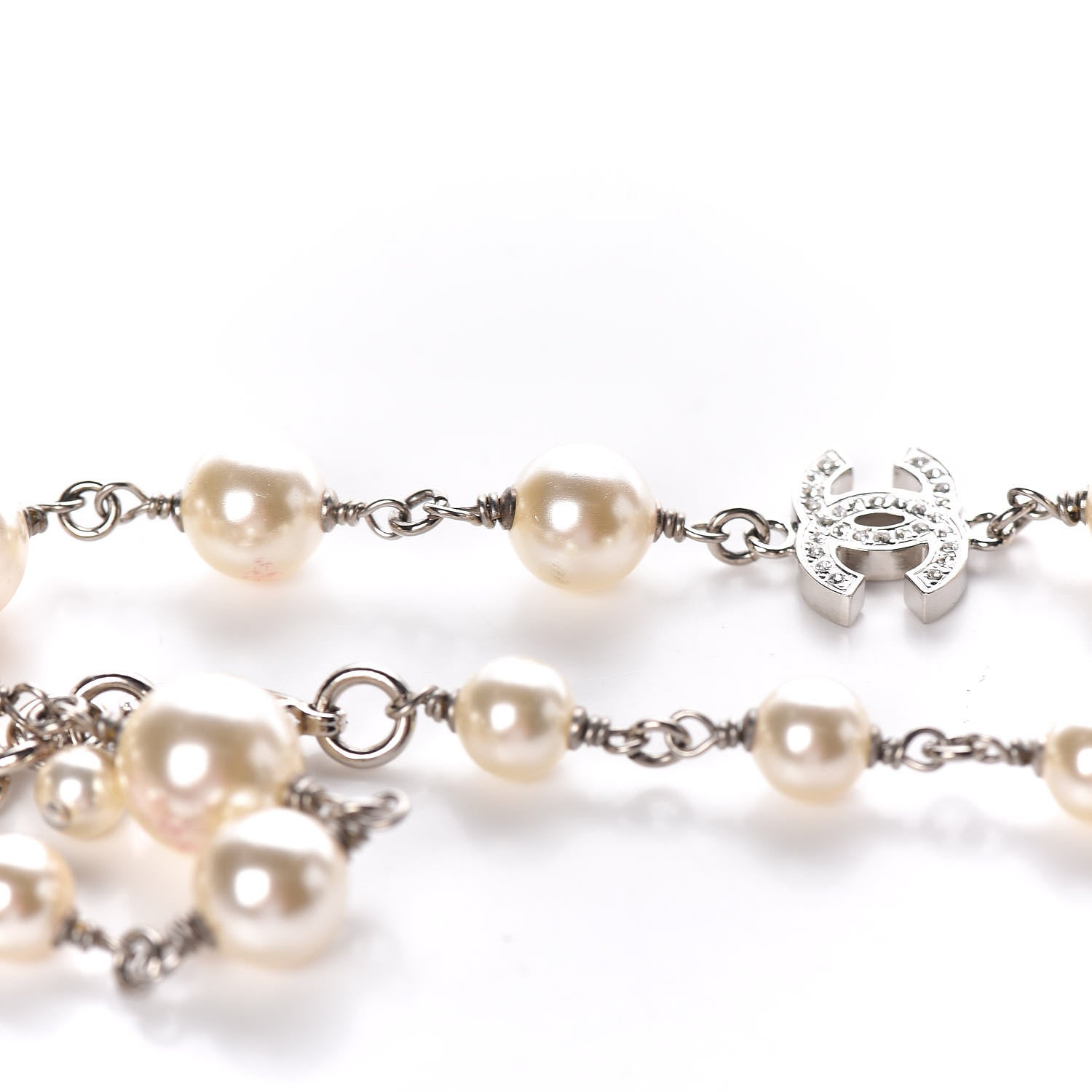 Chanel Crystal Pearl CC Long Necklace Silver 7 of 8