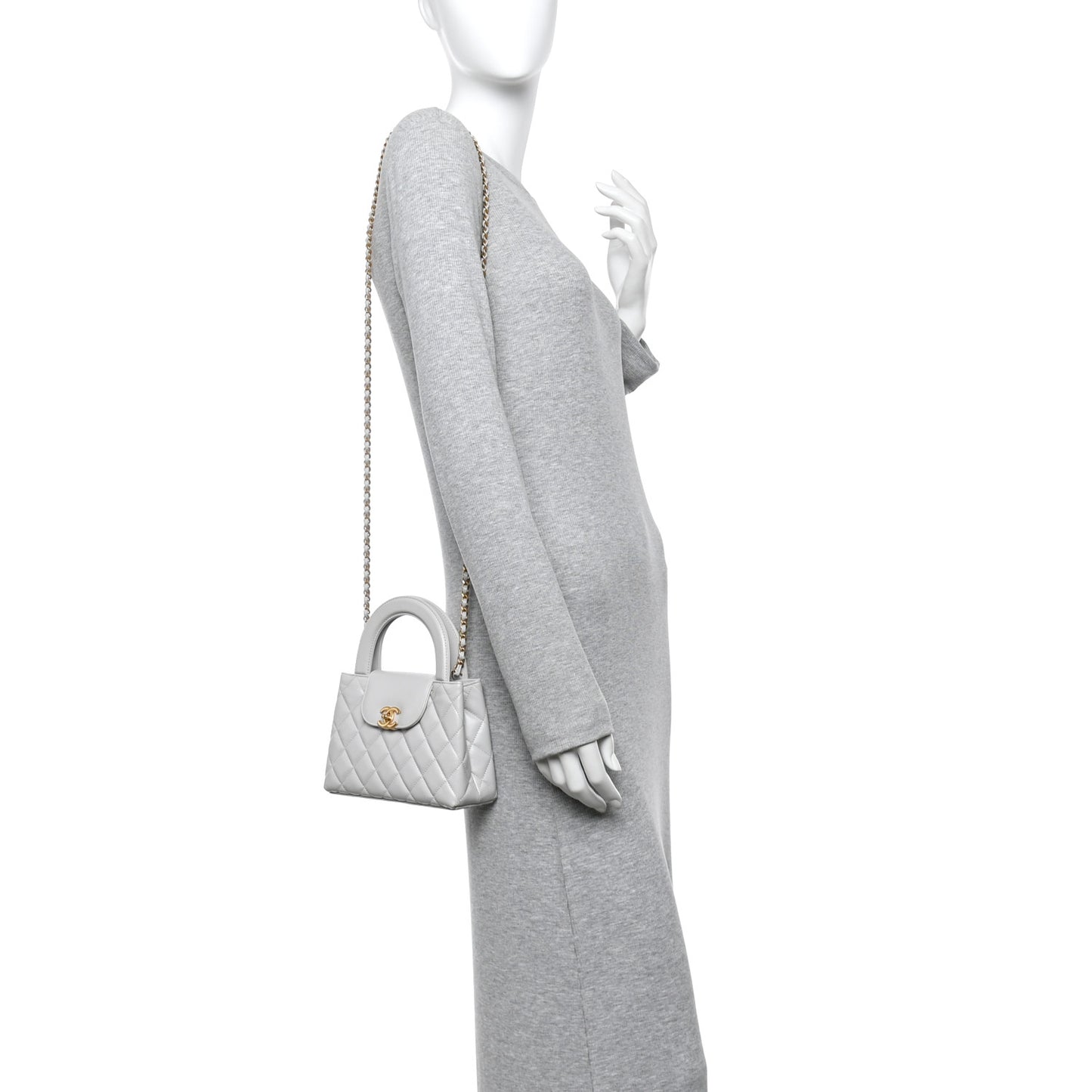Shiny Aged Calfskin Quilted Nano Kelly Shopper Light Grey