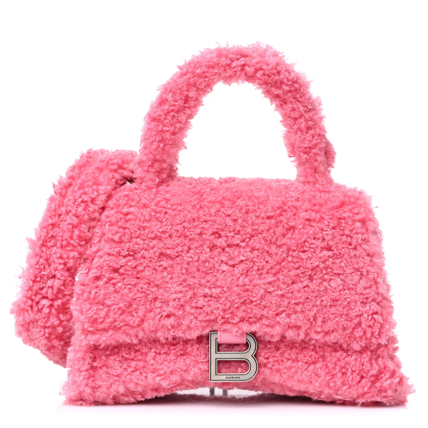 Curly Faux Shearling Small Hourglass Top Handle Bag Sweet Pink