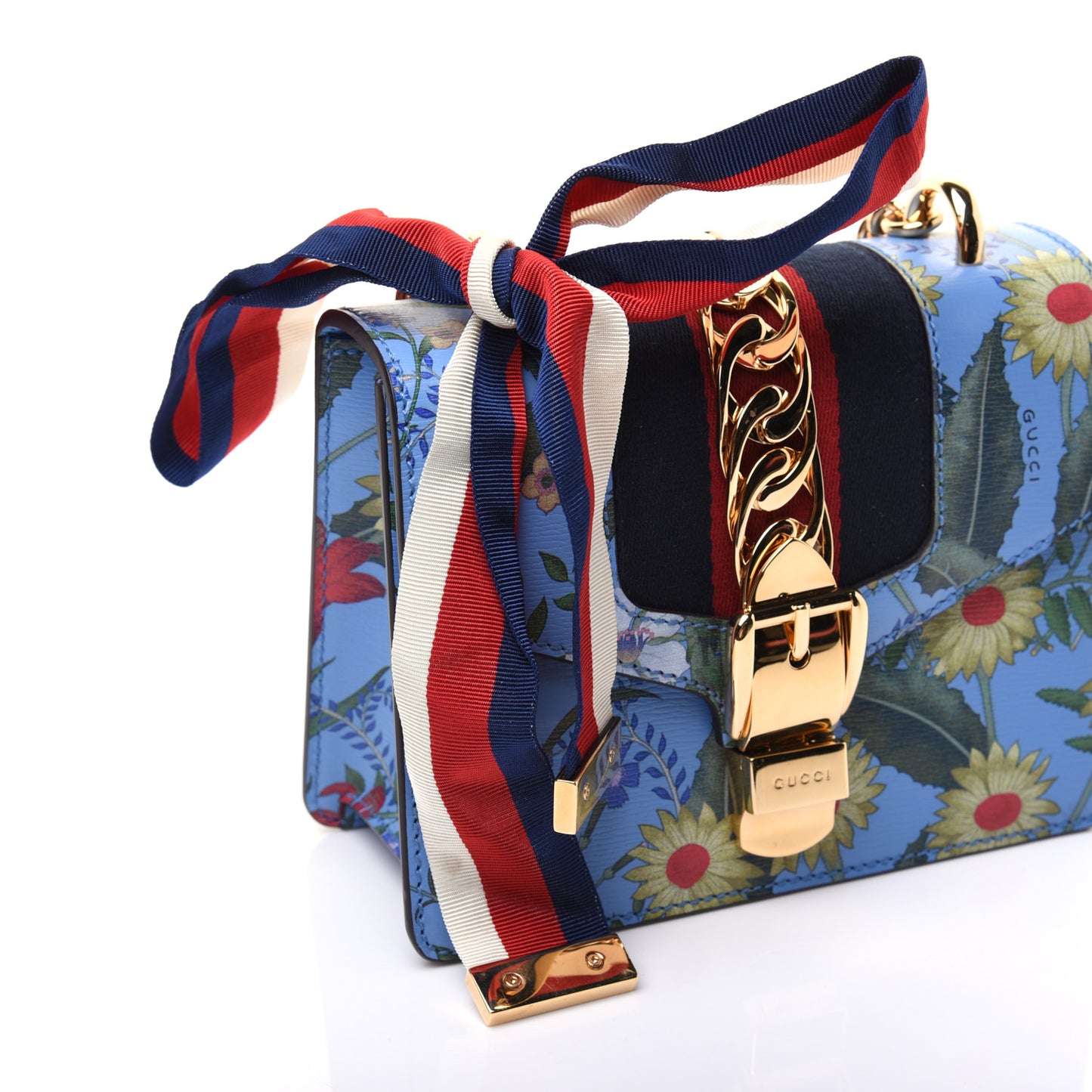 Shangai Calfskin Web New Flora Mini Sylvie Chain Shoulder Bag Azure