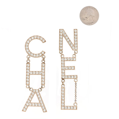 Chanel Crystal Cha-Nel Logo Drop Earrings Gold 2 of 5