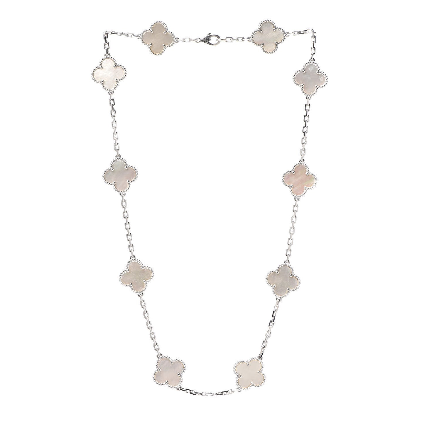 18K White Gold Mother of Pearl 10 Motifs Vintage Alhambra Necklace