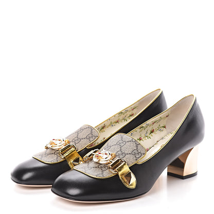 Gucci Malaga Kid Nappa GG Supreme Monogram Tiger Head Mid Heel Loafer Pumps 38.5 Black Oro Vecchio Beige 3 of 8