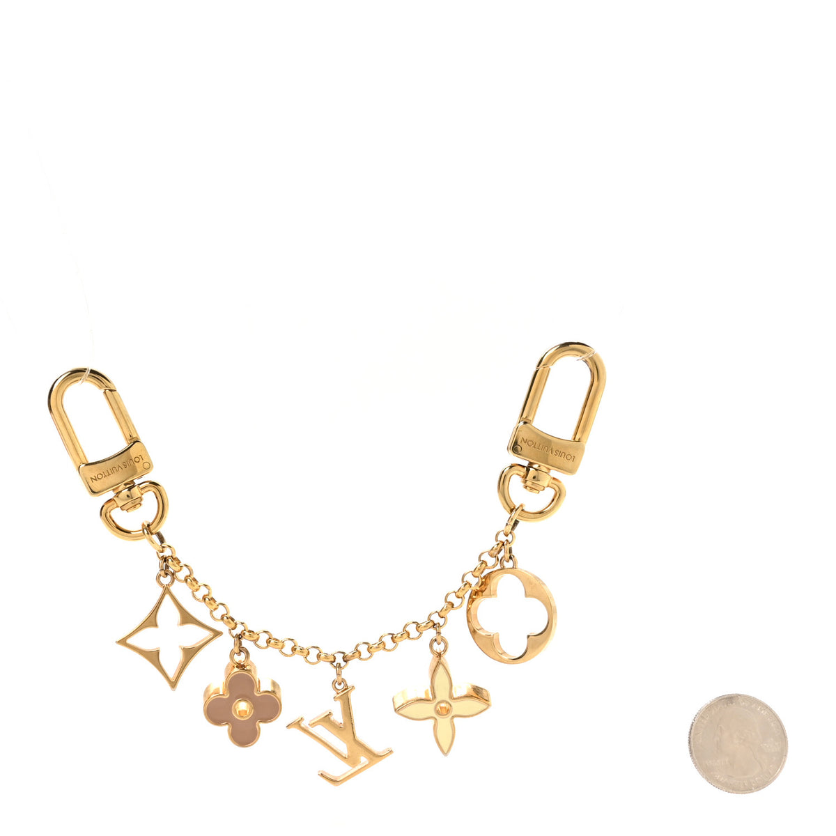 Brass Enamel Fleur De Monogram Bag Charm Chain Gold