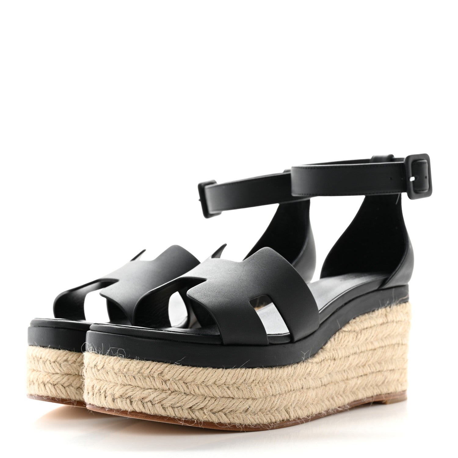 Hermes Goatskin Elda Espadrille Wedge Sandals 38 Black 3 of 12