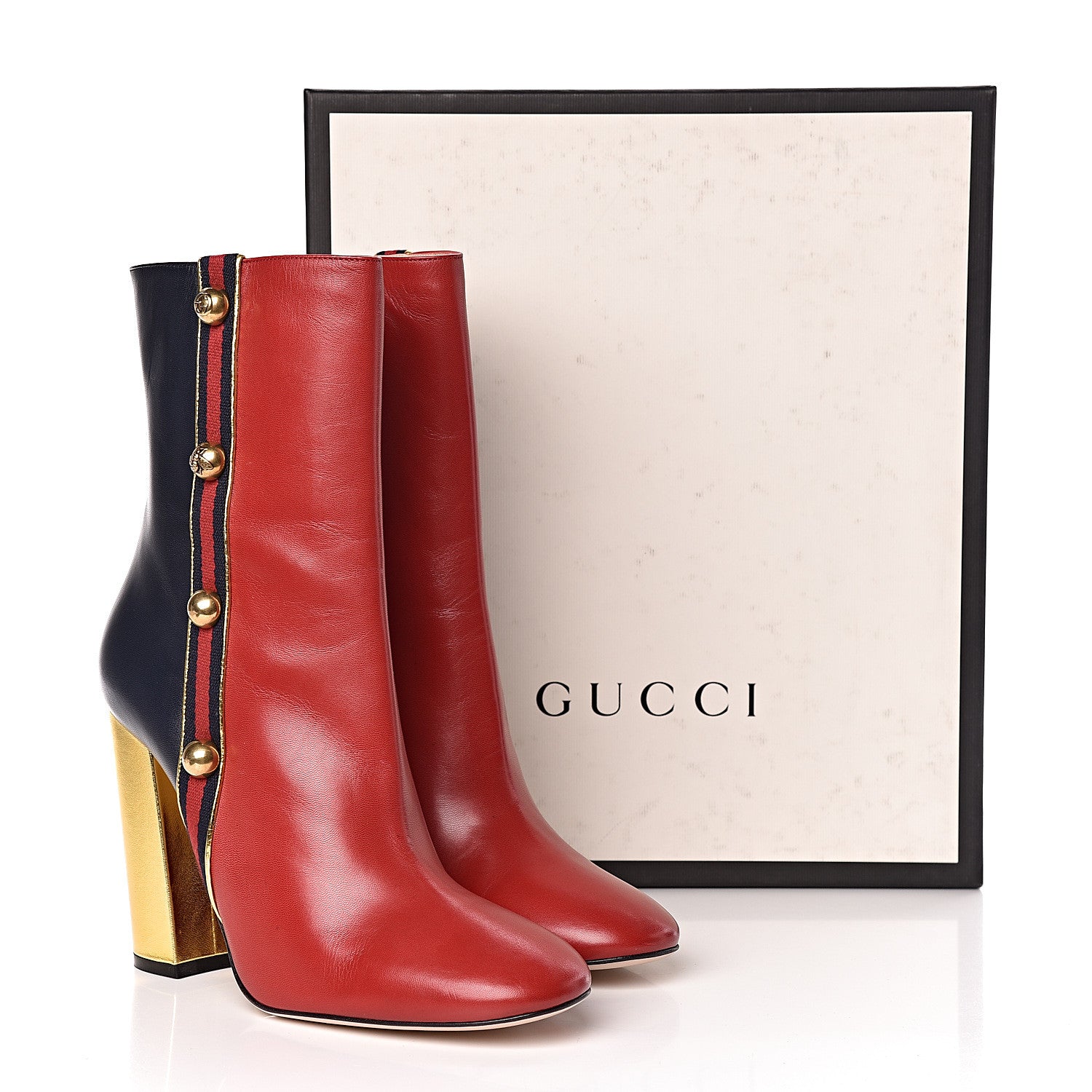 Gucci Malaga Kid Web Carly Mid Calf Boots 42 Hibiscus Red Oro Blue 9 of 9