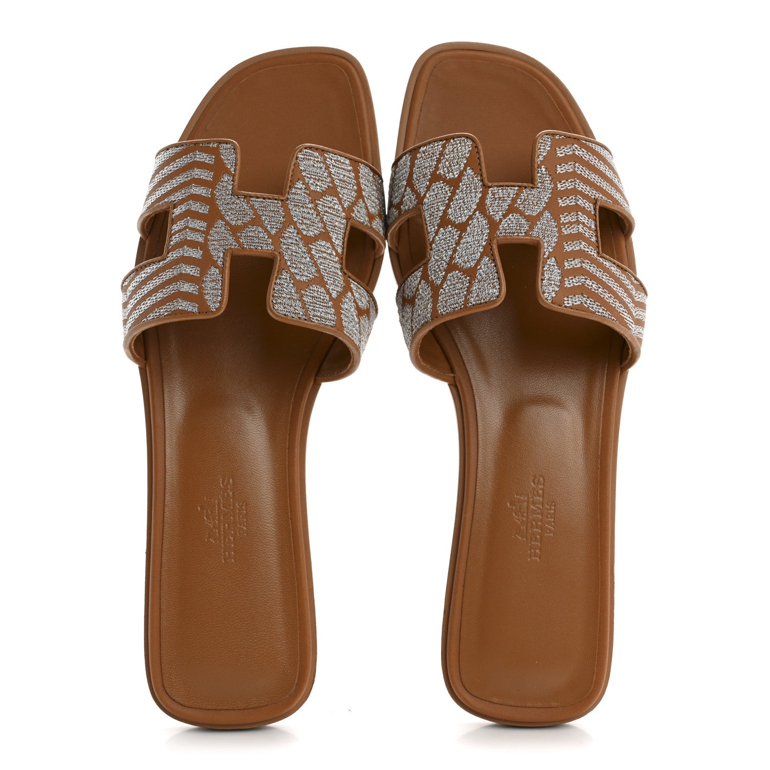 Hermes Embroidered Calfskin Oran Sandals 38 Naturel Gris Argente 2 of 10