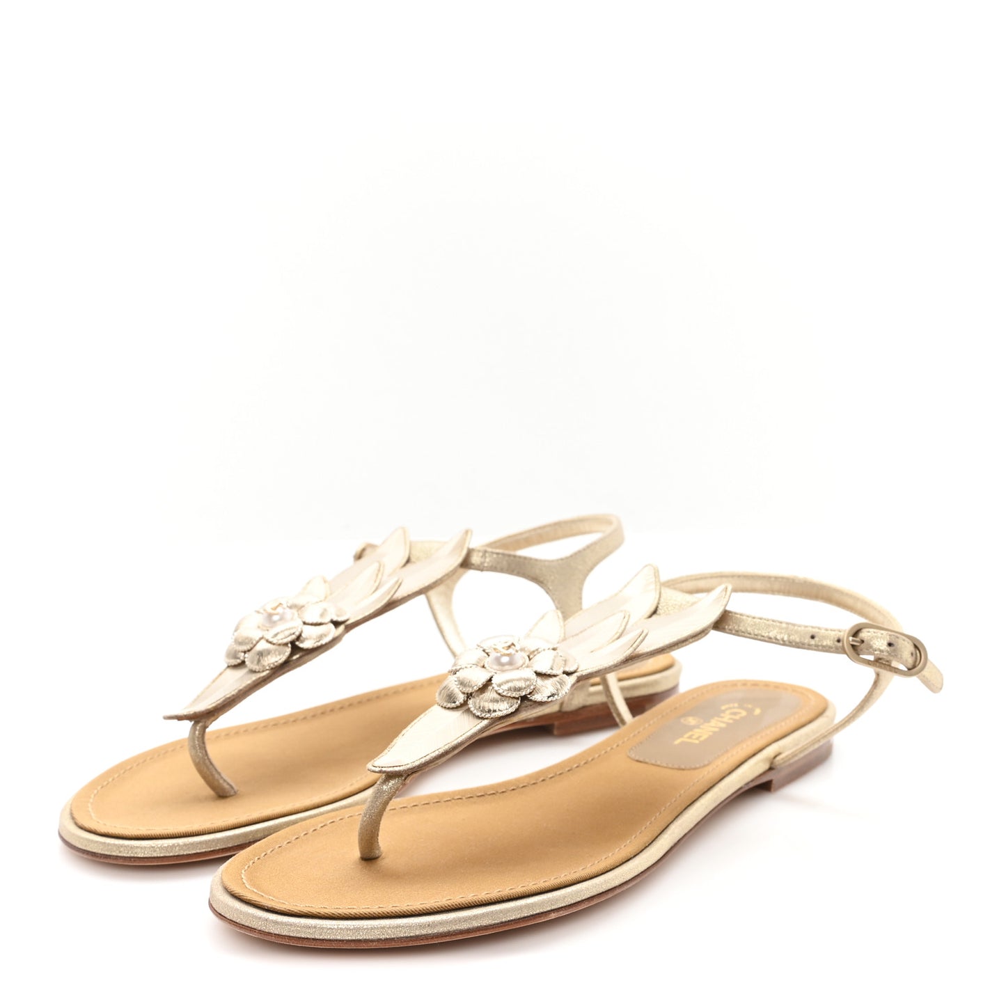 Metallic Calfskin Pearl Camellia Thong Flat Sandals 37 Gold