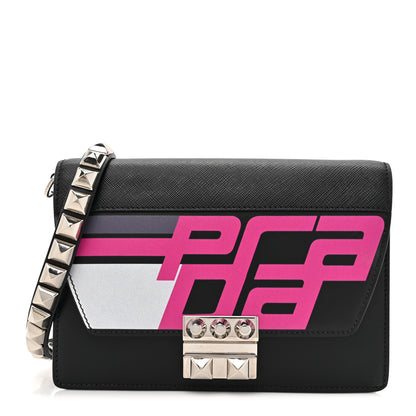 Prada City Calfskin Saffiano Racing Logo Elektra Shoulder Bag Fuxia Black 1 of 10