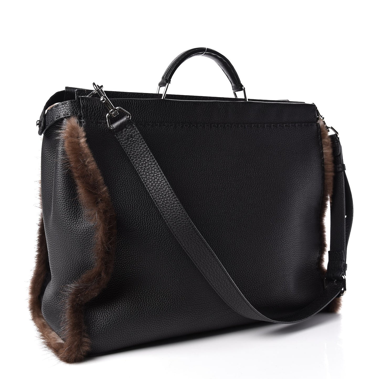 Calfskin Romano Mink Fur Selleria Large Peekaboo Essential Iconic Satchel Black