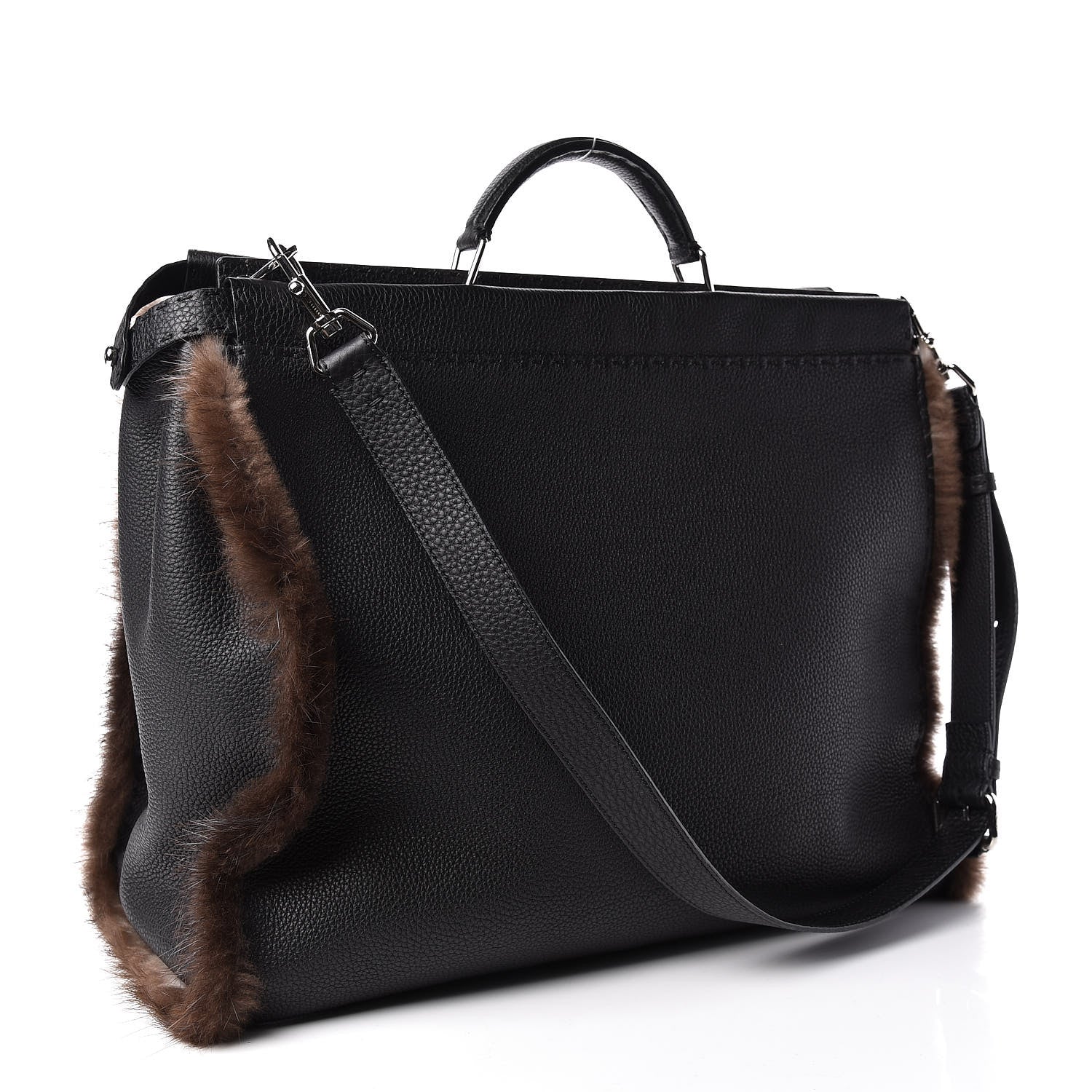 Fendi Calfskin Romano Mink Fur Selleria Large Peekaboo Essential Iconic Satchel Black 3 of 10