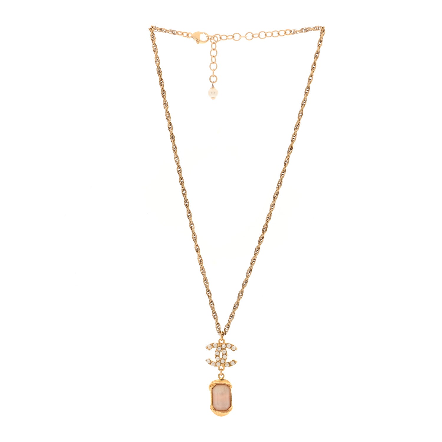 Chanel Pearl Crystal CC Pendant Necklace Gold Pink Pearly White 3 of 5