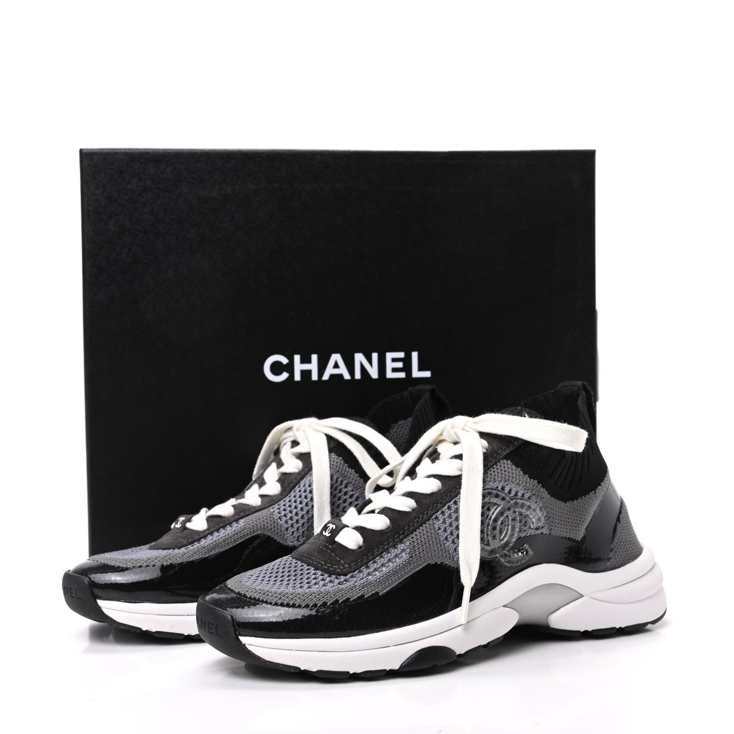 Chanel Fabric Calfskin Suede CC Womens Sneakers 35 Black Grey 8 of 8