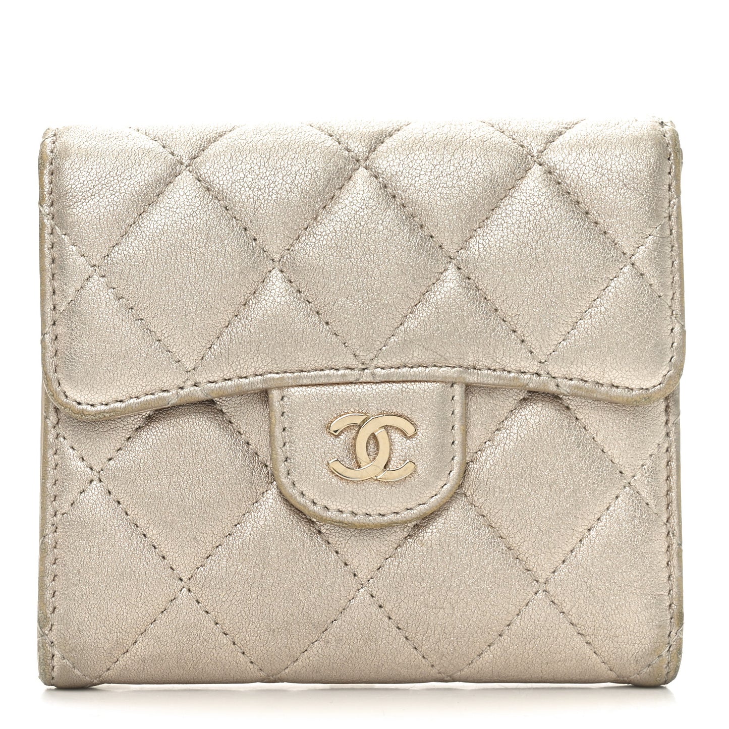 Metallic Lambskin Quilted Flap Card Holder Wallet Light Gold