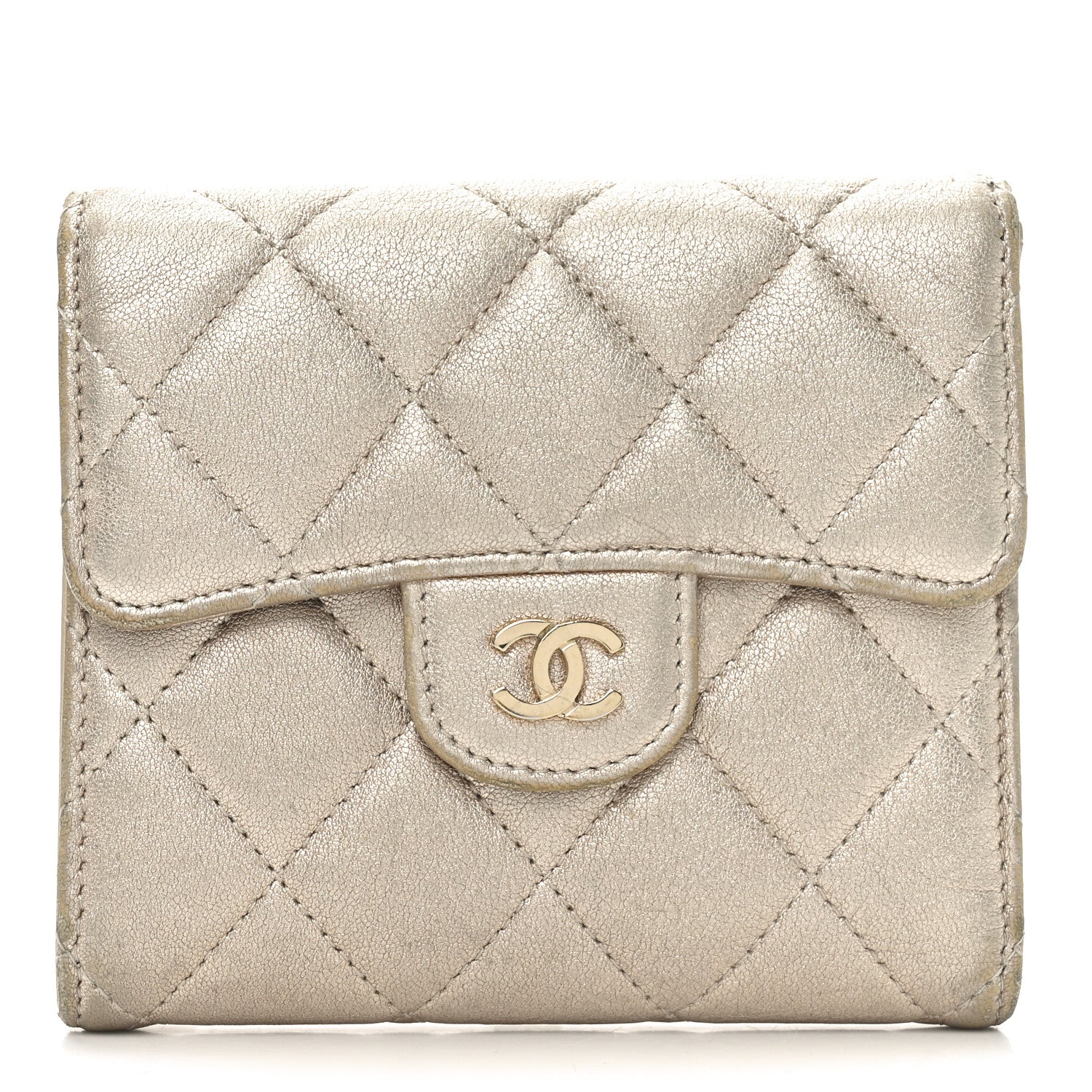 Chanel Metallic Lambskin Quilted Flap Card Holder Wallet Light Gold 1 of 10