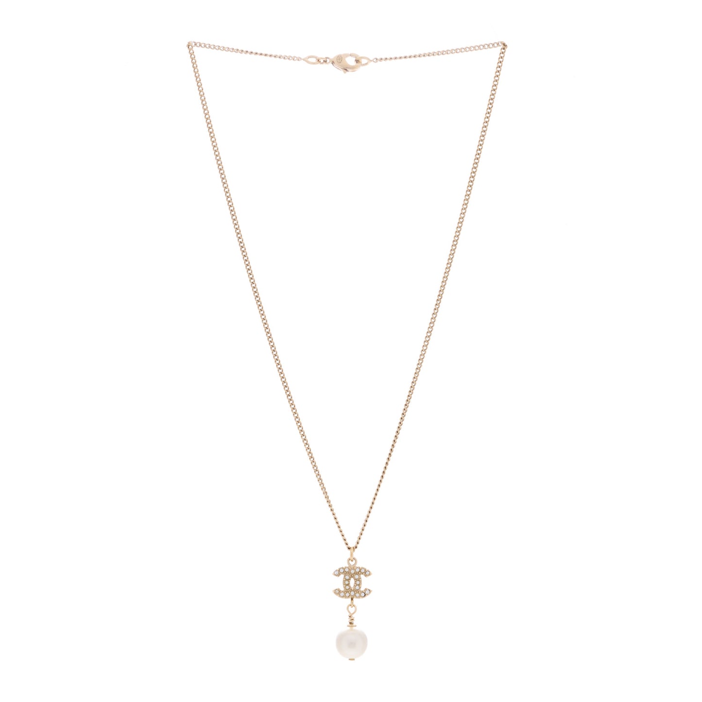 Crystal Pearl CC Drop Necklace Gold