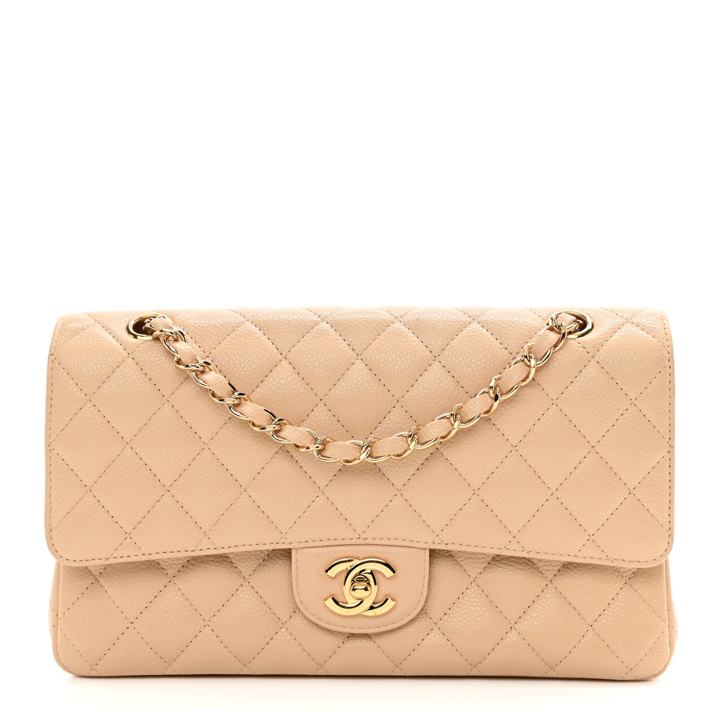 Caviar Quilted Medium Double Flap Light Beige