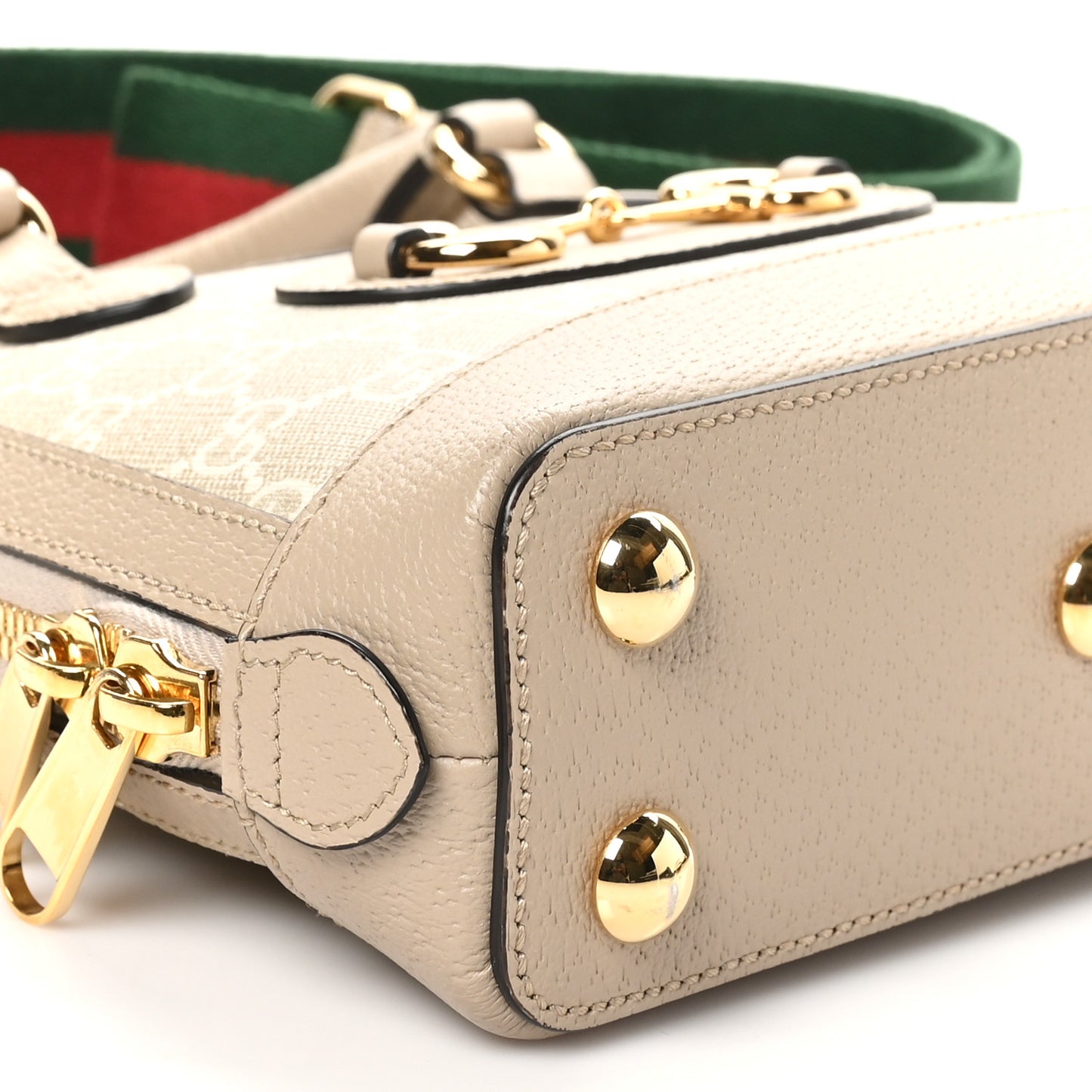 GG Supreme Monogram Textured Dollar Calfskin Mini Horsebit 1955 Top Handle Bag Beige Mystic White Oatmeal