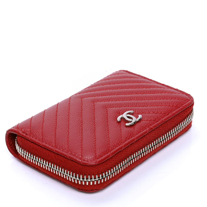 Chanel Caviar Chevron Quilted Small Zip Around Wallet Red 3 of 4