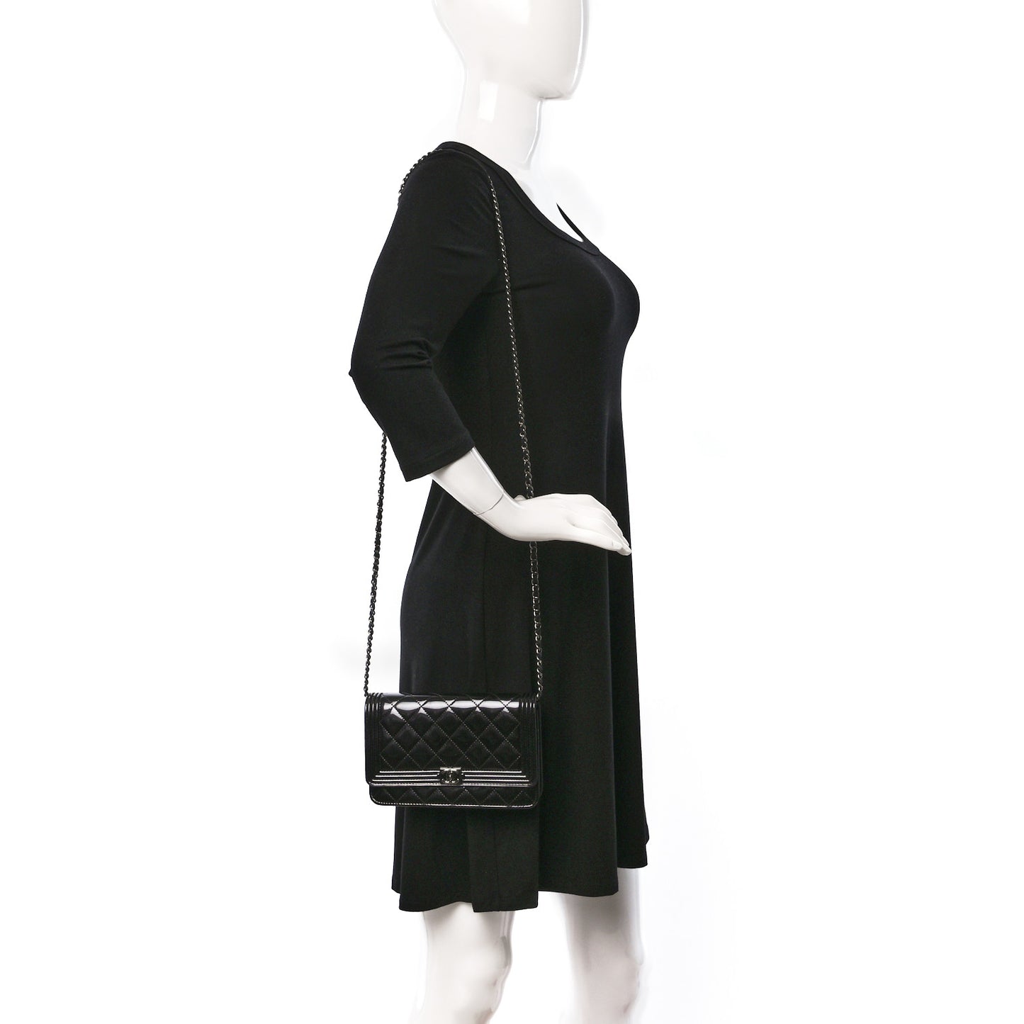 Patent Calfskin Quilted Boy Wallet On Chain WOC Black