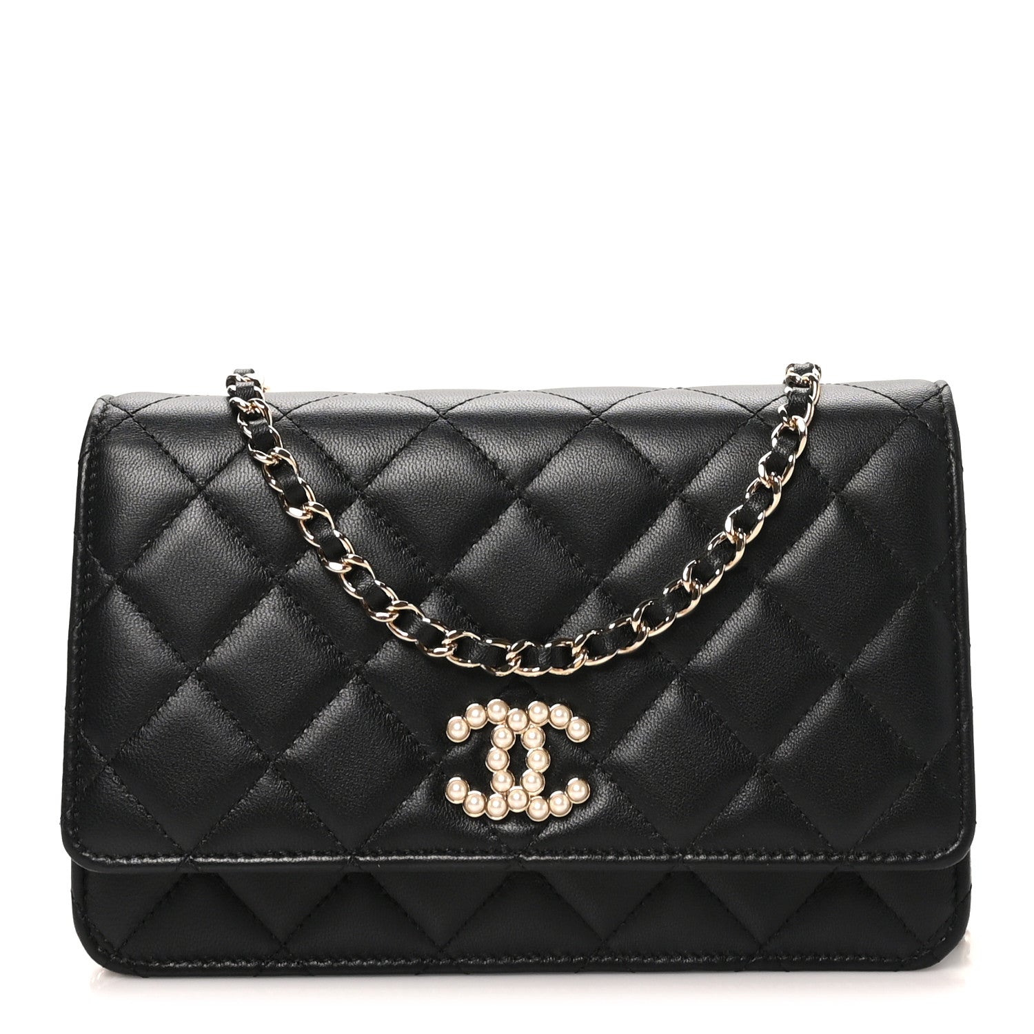 Chanel Lambskin Quilted Pearl CC Wallet on Chain WOC Black 1 of 10
