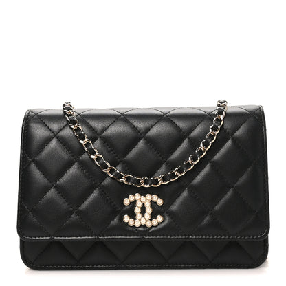 Chanel Lambskin Quilted Pearl CC Wallet on Chain WOC Black 1 of 10