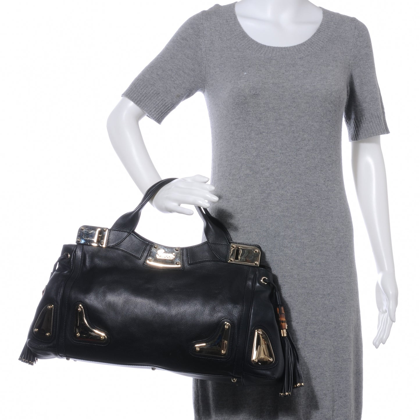 Leather Race Bamboo Tassel Tote Black
