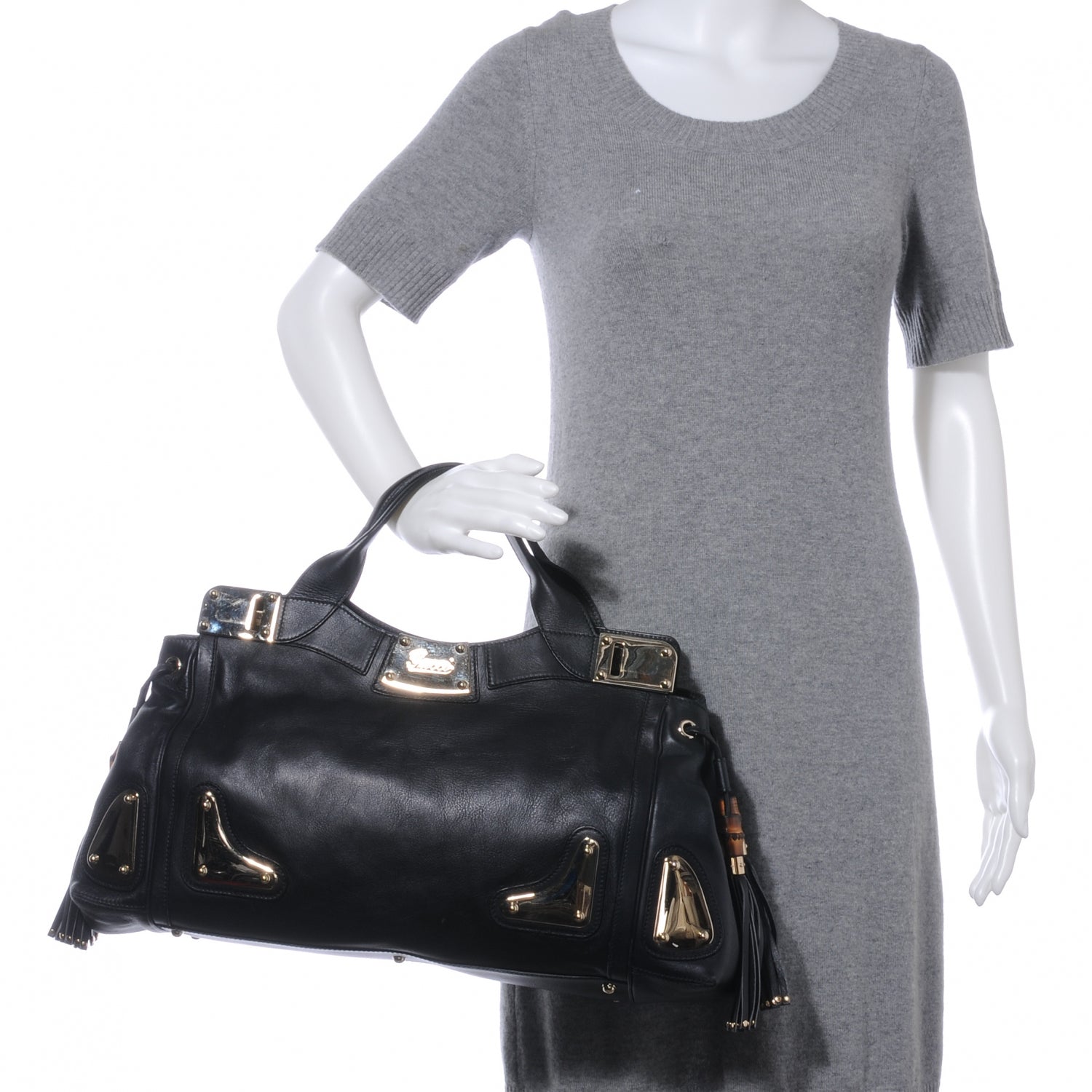 Gucci Leather Race Bamboo Tassel Tote Black 2 of 8