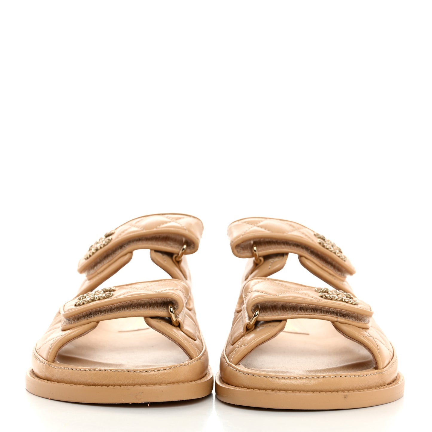 Lambskin Quilted Velcro Dad Chain CC Slide Sandals 35 Beige