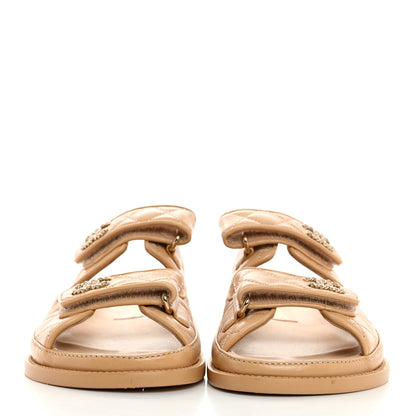 Chanel Lambskin Quilted Velcro Dad Chain CC Slide Sandals 35 Beige 2 of 8