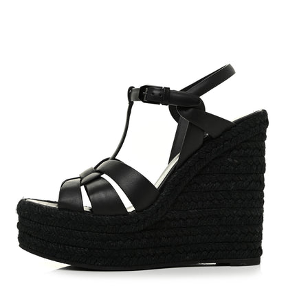 Saint Laurent Calfskin Tribute 95 Platform Espadrille Wedge Sandals 37 Black 1 of 9